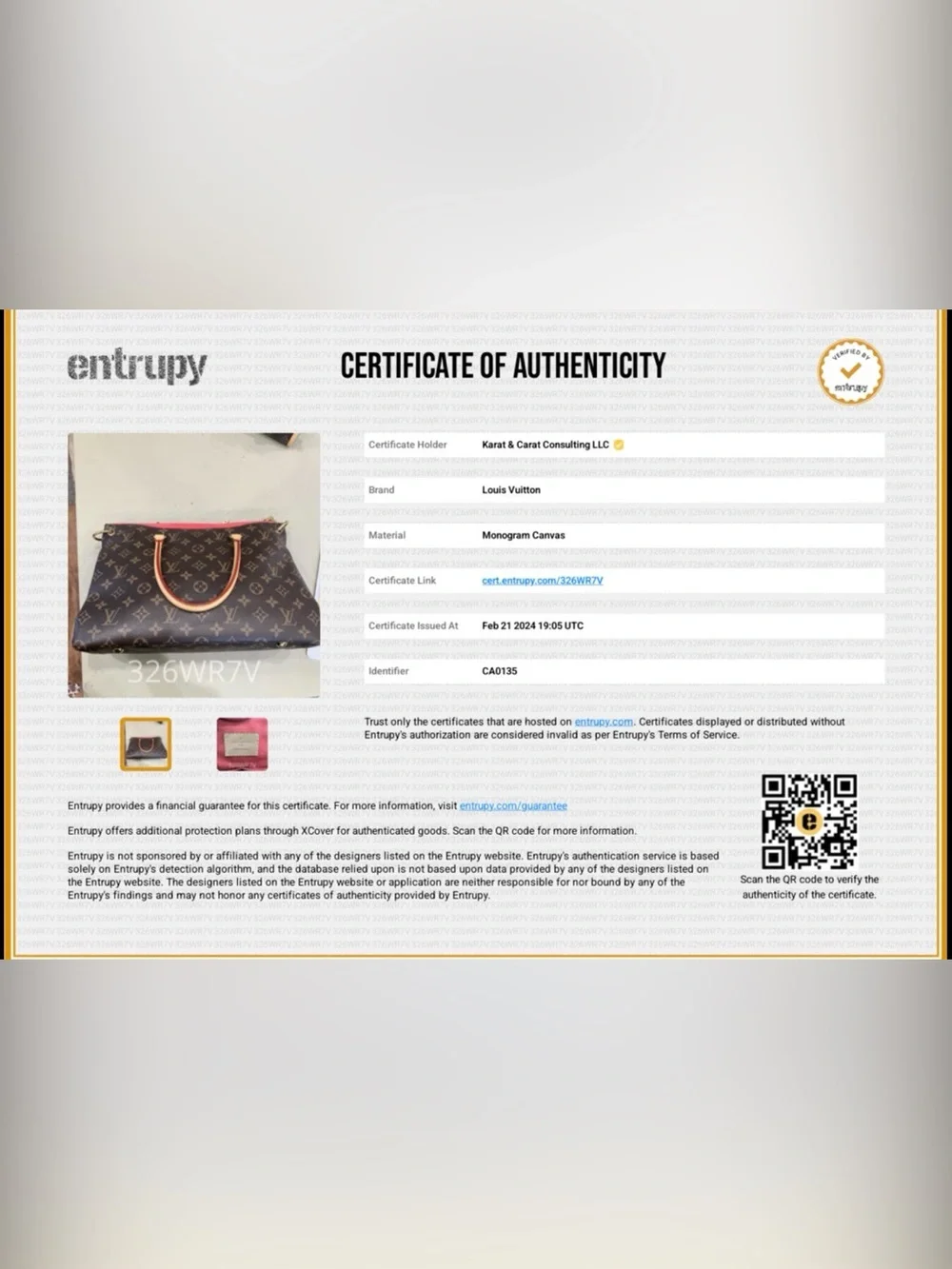 Authentic Louis Vuitton Monogram Canvas Pallas Handbag with Entrupy Certificate